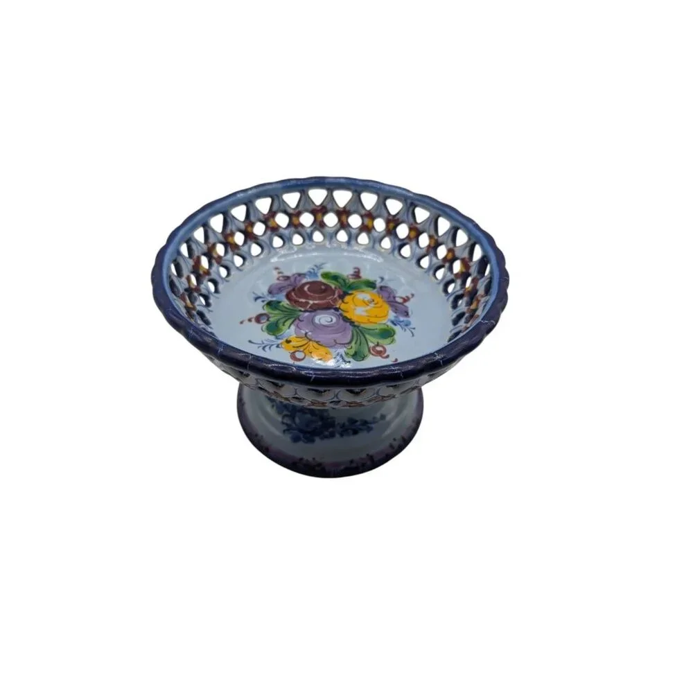 Handpainted Portugal Pottery Open Candy/Footed Compote/Footed Bowl READ